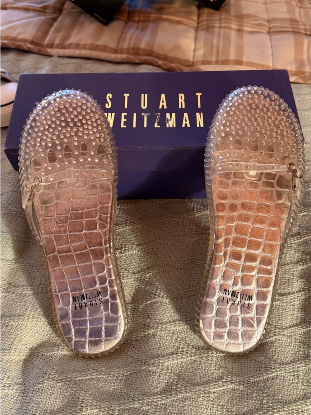 Stuart Weitzman clear jelly slip ons with Crystals on top foot part Size 7